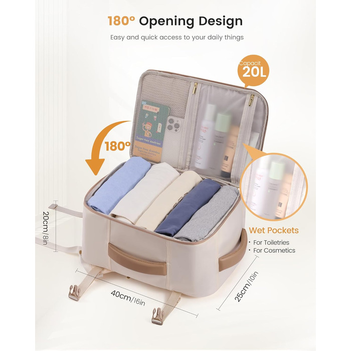 Рюкзак LOVEVOOK для ручної поклажі Ryanair, 40x20x25 см, 20L, бежевий/хакі. Підходить під вимоги авіакомпанії, для ноутбука, під сидіння літака