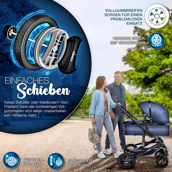 Дитяча коляска KIDUKU® 3 в 1 XXL Комплект | Комбінована коляска з люлькою, прогулянковим блоком та автокріслом | З підставкою для ніг, пеленальною сумкою, підстаканником, захистом від дощу, шинами з повним покриттям, відповідає стандарту ECE R129 (Синій /