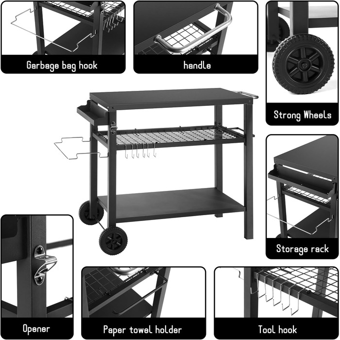Столик для гриля з великою робочою поверхнею | Гриль-бічне столик, вуличний гриль-тролей, гриль-стіл для вулиці, стільниця з нержавіючої сталі для саду (сріблястий/чорний, 112*59*82 см)