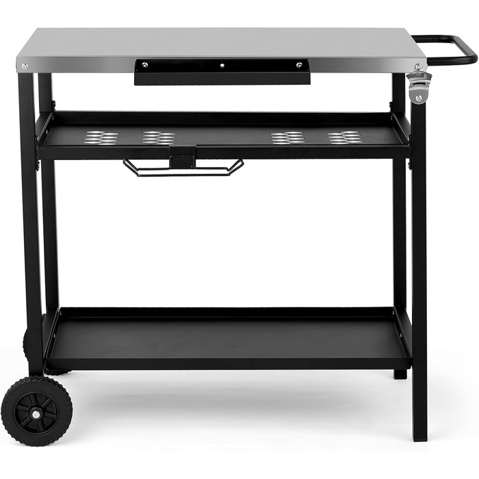 Гриль-візок LEADZM: гриль-стіл для вулиці, 95 x 45 x 83 см, стіл з нержавіючої сталі срібного кольору, на колесах, мобільний, сервісний візок для садів, чорний (97x51x83 см)