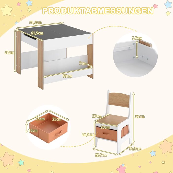 Детский стол со стульями COSTWAY 3 в 1, деревянный стол для рисования с ящиком, комплект детской мебели для детей от 3 лет, столешница с покрытием (Натуральный, Комбинированный)