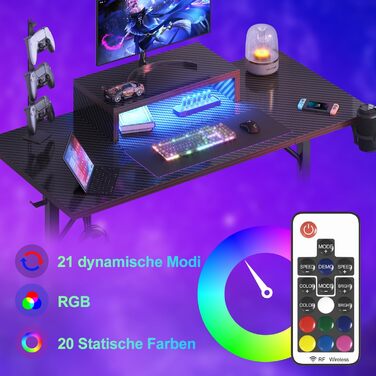 Ігровий стіл Devoko 160x60 см з LED підсвічуванням, з підставкою для монітора, карбоновим покриттям, ергономічний, з тримачем для чашки та гачком для навушників