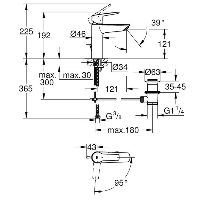 Змішувач для ванної кімнати Grohe Start, економічний, холодна вода в середньому положенні, з Pop-Up переливом, 17 см, хром, 23551002