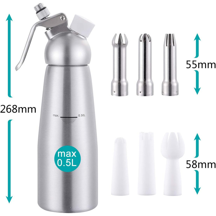 Професійний сифон для збивання вершків з 3 насадками, 500 мл (алюміній)