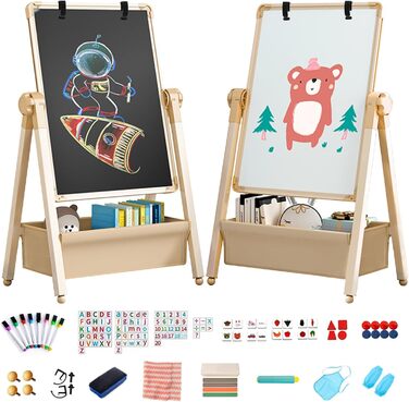 Дитяча мольберт Kinderstaffelei з двома сторонами, металева конструкція, регульована висота, обертається на 360°, дошка для малювання та письма з літерами та цифрами (жовтий)