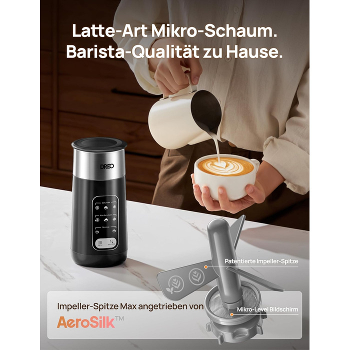 Електричний спінювач молока Dreo 8-в-1 для лате-арту, 270 мл, з підігрівом, LED, чорний