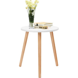 Журнальний стіл GIANTEX круглий, дерев'яний журнальний стіл обідній стіл для спальні, вітальні, балкон, тумбочка на ніжках з сосни, біла