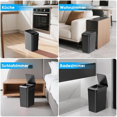 Набір з 2 автоматичних сміттєвих баків з датчиком, 12л, сенсорний кришка, 3 режими роботи, тихий, водонепроникний, інтелектуальний контейнер для сміття, для кухні, офісу, вітальні, ванної кімнати (2 шт. чорний)