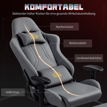 Ігрове крісло HOMCOM з ергономічною підтримкою спини та 3D-підлокітниками, регульоване, з м'якою спинкою та поперековою підтримкою, коліщатками, сірого кольору