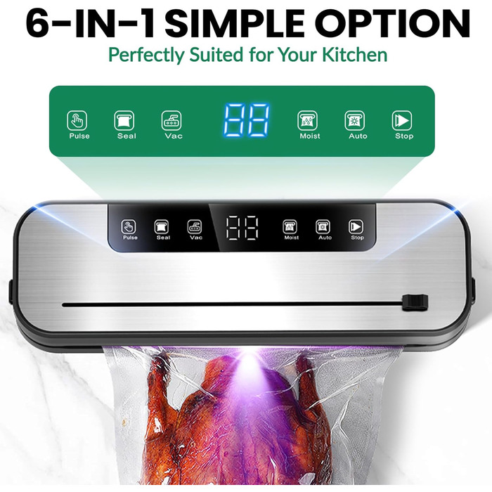 Вакууматор для продуктів 6-в-1, професійний автоматичний вакуумний пакувальник з різаком, цифровим таймером та набором з 50 пакетів і шланга, 75КПа
