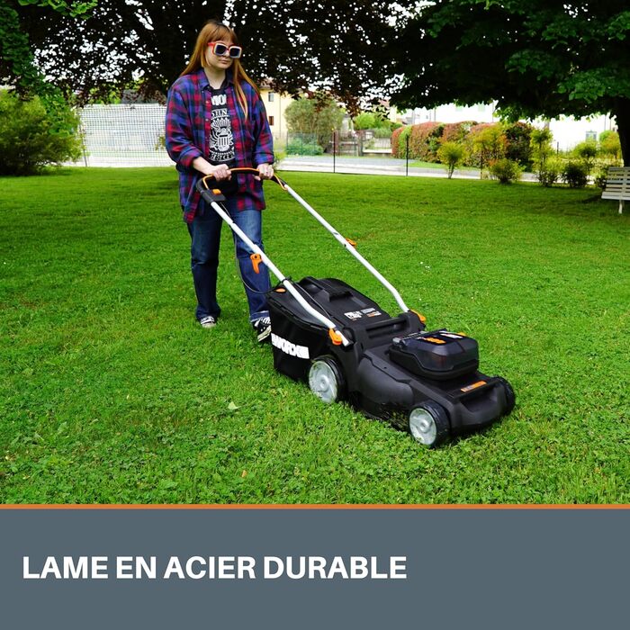 WORX WG737E акумуляторний газонокосарка Nitro 40V (2x20V) з безщітковим мотором - ширина зрізу 37 см, 6 рівнів висоти (20-70 мм), 40л травозбірник, 2x4Ah акумулятори та подвійний зарядний пристрій (запасний ніж 51 см)