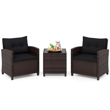 Садовий набір меблів COSTWAY з ротангу 3 предмети: 2 крісла, стіл зі скляною стільницею, подушки. Меблі для балкона та тераси на 2 особи, вуличні, коричнево-чорні