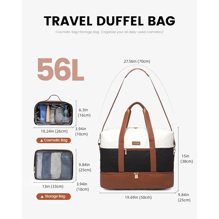 Сумка-валіза LOVEVOOK для жінок, спортивна сумка-мішок, дорожня сумка на вихідні, ручна поклажа для літака, сумка для пологового будинку, дорожня сумка для одягу з відділенням для взуття, бежево-коричнево-чорна, 50x38x25 см