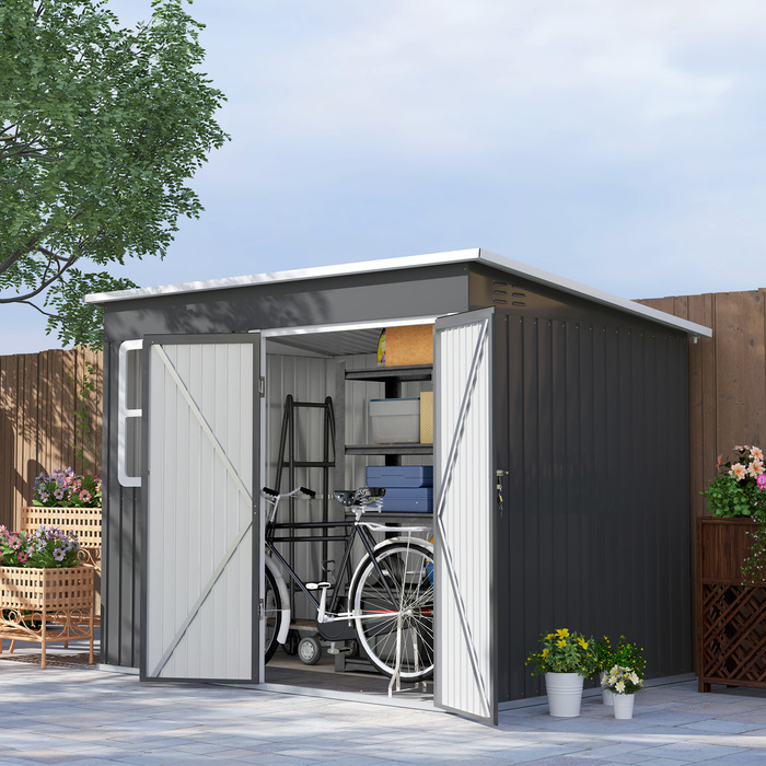 Outsunny Garden Shed 4,13 м³, Садовий сарай, 260 x 177 x 190 см, Садовий сарай з вікном, Двері, що замикаються, Гараж для велосипедів, Сталева садова шафа, для заднього двору, Сад, Темно-сірий | Аосом