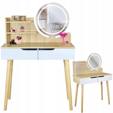 Туалетний столик Jumi, світлий дуб, з дзеркалом та 2 шухлядами, матовий, 80x122x40 см