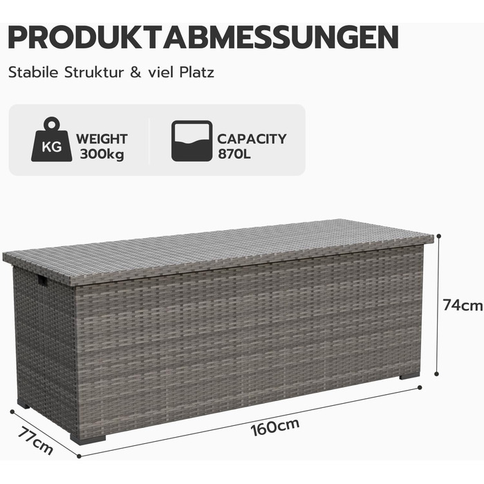 Водонепроникний садовий ящик Amopatio Gartenbox 650л з поліротангу для подушок, металевий ящик для зберігання з газліфтами для саду та балкону, сірий
