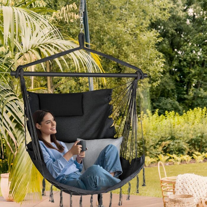 Підвісне крісло-гойдалка з подушкою 100x130x75 см, до 150 кг, для саду та дому, чорне