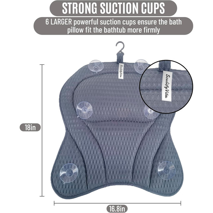 Подушка для ванни з піни memory foam, антиковзка, для шиї та спини, 4D вентиляція, 6 присосок, сіро-метеликовий колір