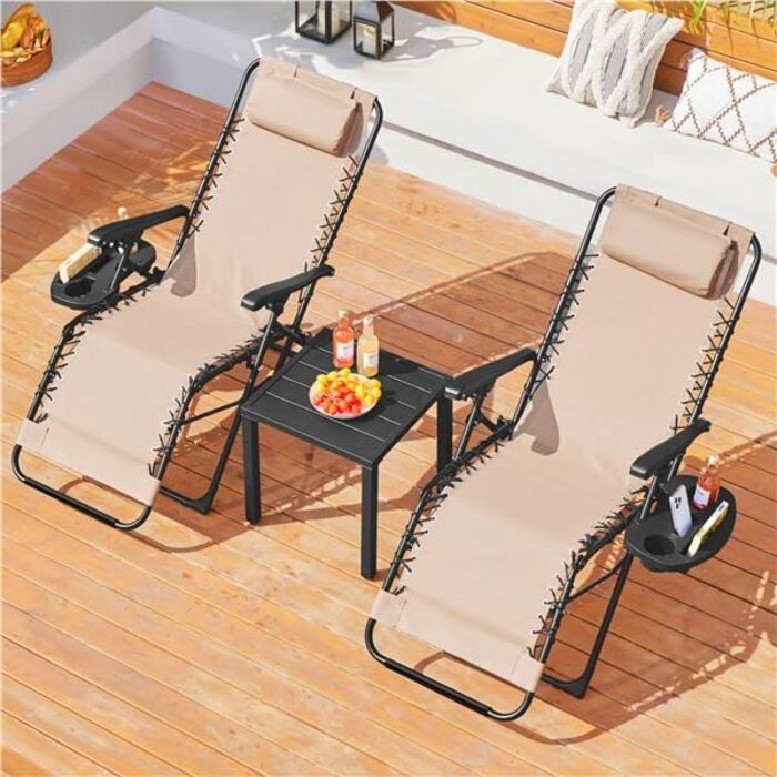 Розкішна лежанка Yaheetech для відпочинку: складана садова лежанка з подушкою та тримачем для напоїв (Бежевий)