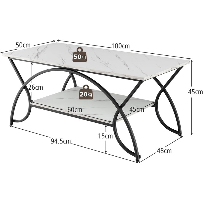 Журнальний столик LIFEZEAL Мармуровий ефект, 2 яруси, металевий каркас, 100x50x46см, БілийЧорний