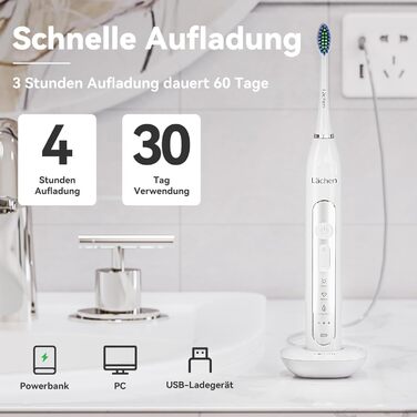 Електрична зубна щітка Lächen Sonic RM-T8B з 4 насадками, таймером, 3 режимами та 3 рівнями вібрації, білий