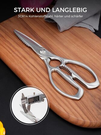 Кухонні ножиці важкі – з нержавіючої сталі 3Cr14, міцні для м'яса, птиці та овочів, з відкривачем пляшок, придатні для миття в посудомийній машині, 22,8 см, 5 років гарантії, сріблястого кольору