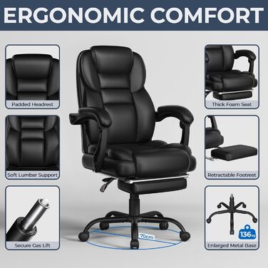 Ергономічне крісло Yaheetech для офісу, шезлонг з підставкою для ніг, комп'ютерне крісло з регульованими підлокітниками, висока спинка, регульована висота, для офісу, біле (чорне)