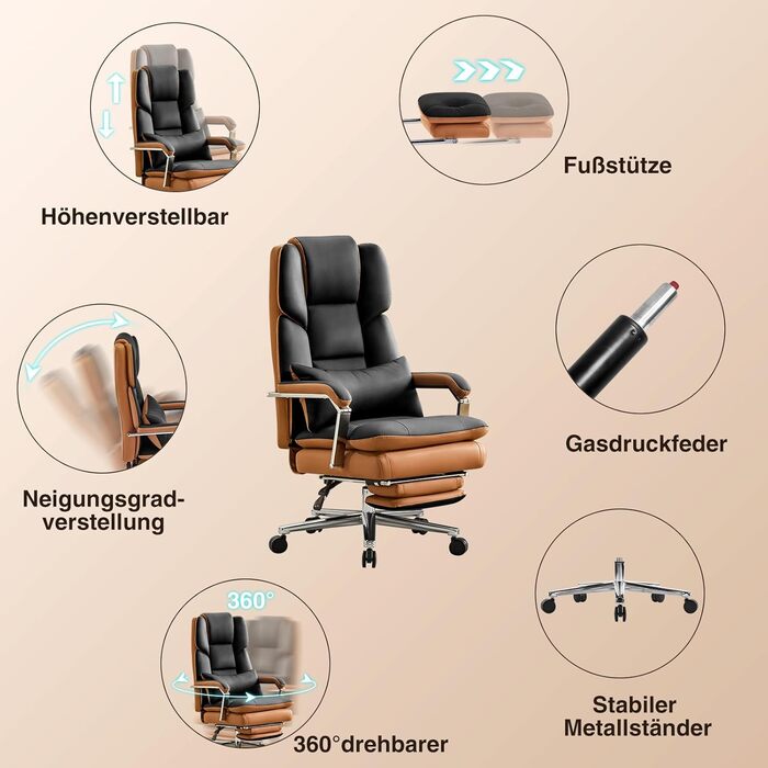 Ергономічне крісло для офісу, шкіра PU, крісло для керівника, 200 кг, з підніжкою та підтримкою попереку, для дому/офісу, регульоване, висока спинка, чорне