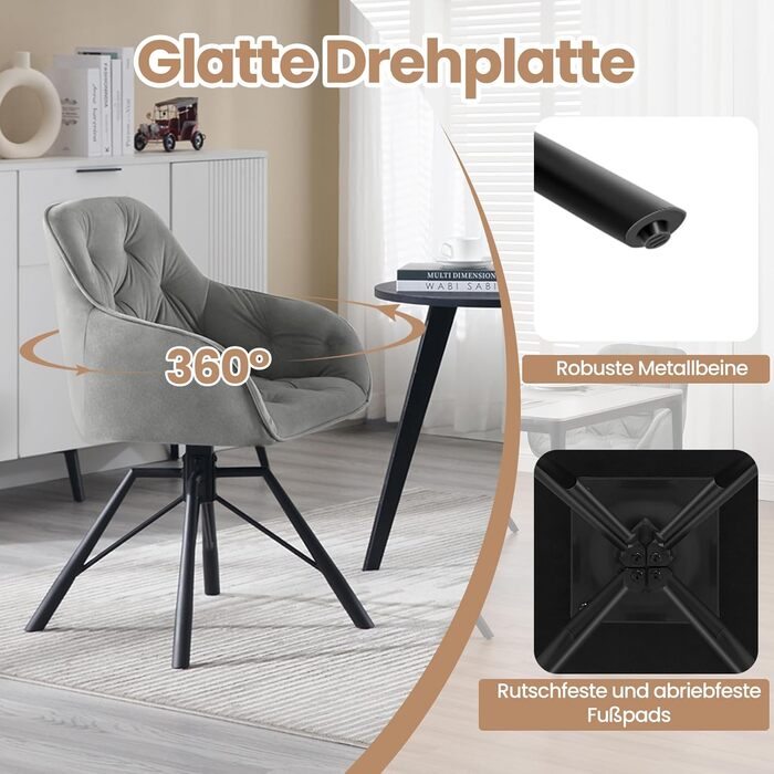WOLTU Комплект з 4-х обертових стільців для їдальні, з підлокітниками, 360° обертання, для кухні та вітальні, з м'яким оксамитовим покриттям, сірий