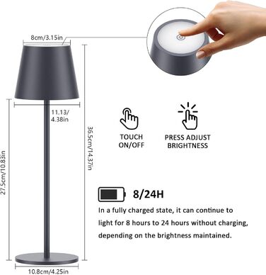 LED-лампа K-Bright: 4 шт., диммер, акумулятор, бездротова, 36.5 см, перезаряджувана, 2700K, тепле світло, USB-C, IP54, пісочний (антрацит)