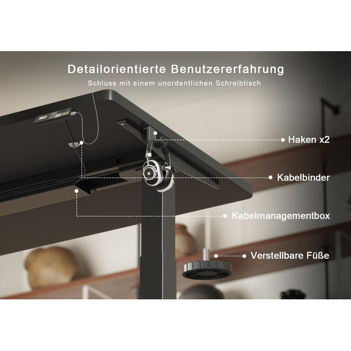 Електричний підйомний стіл Devoko 160x80 см, ергономічний комп'ютерний стіл для роботи стоячи та сидячи, стільниця 25 мм, подвійний мотор, пам'ять, USB-C (Чорний)