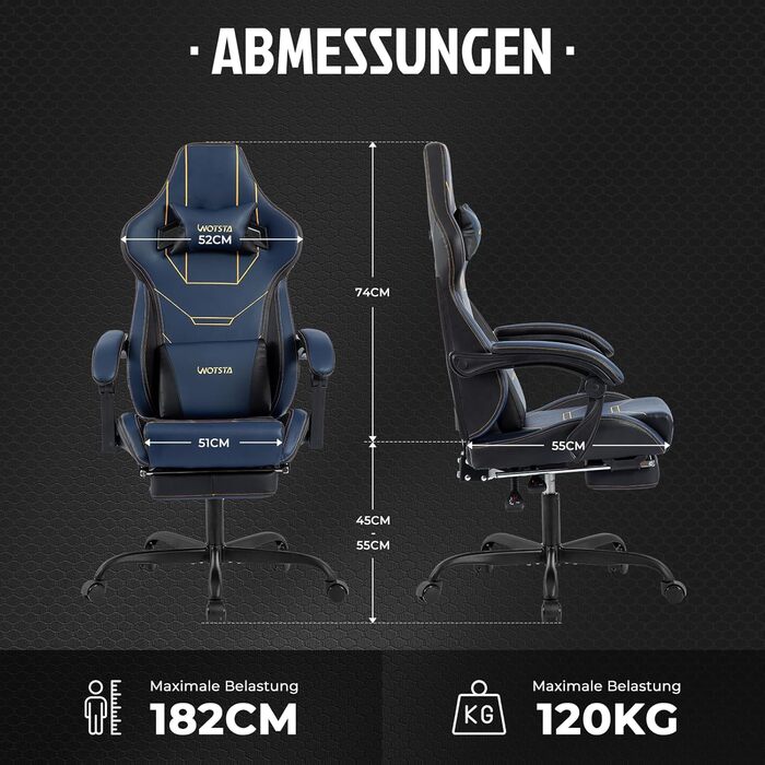 Ігровий крісло WOTSTA Ergonomiczne з підніжкою: регульоване, з підтримкою попереку (синій)