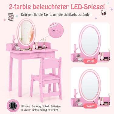 Дитячий туалетний столик DREAMADE з LED-дзеркалом та ніжками з бука, принцесовий туалетний столик з шухлядою та стійкою для прикрас, дитячий туалетний столик з пуфом для дівчаток (Рожевий)