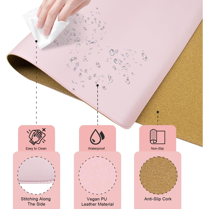 Шкіряний килимок для столу BLESWIN, великий протиковзаючий підкладник під мишу та клавіатуру для ноутбука та комп'ютера, захисна підкладка для письма (Рожевий, 90x43 см)