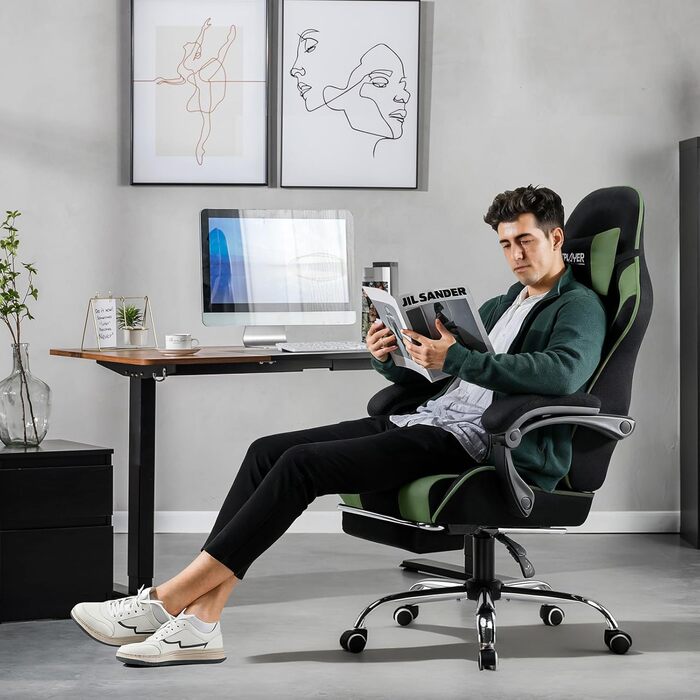 Ігровий крісло GTPLAYER з масажем, підніжка, підголовник, поперекова подушка, оббивка з тканини, білий/зелений