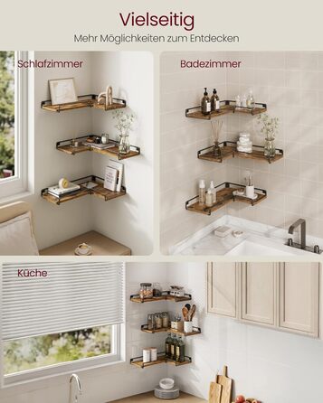 Набір кутових настінних полиць VASAGLE L-подібні, індустріальний стиль, для вітальні, спальні та кухні, вінтажний коричневий та чорний, 3 шт. (LLS831B01)