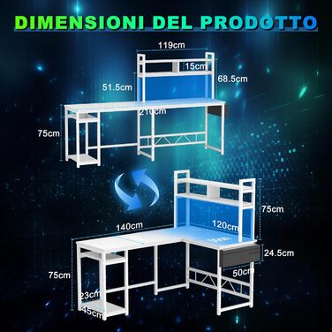 Ігровий стіл Devoko L-подібної форми з LED-підсвічуванням, 140 x 120 см, з 2 розетками та 2 USB-портами, з полицями для зберігання, білий