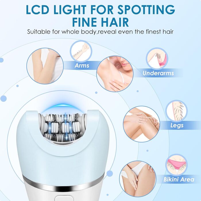 Електричний жіночий епілятор 6-в-1, бездротовий, світлодіодний, вологий/сухий, зі щітками та масажною головкою (синій)
