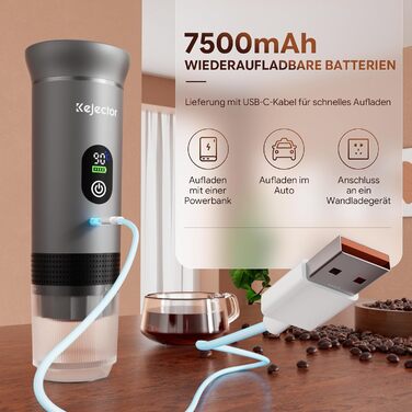 Портативна кавомашина Espresso Kejector з акумулятором: для дому, в подорожах, в авто. 3-в-1: для меленої кави, капсул, з цифровим дисплеєм (металевий сріблястий)