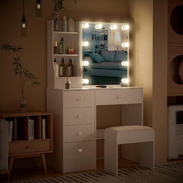 Туалетний столик зі світлом та дзеркалом, з пуфом, 6 шухляд та 6 полиць, 80x36x130 см, PE39