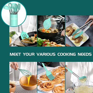 Набір кухонних аксесуарів Umite Chef, 15 предметів, силікон, термостійкий, антипригарний, без BPA, нержавіюча сталь, лопатки, ложки, щипці, вінчики, кухонне приладдя (зелений)