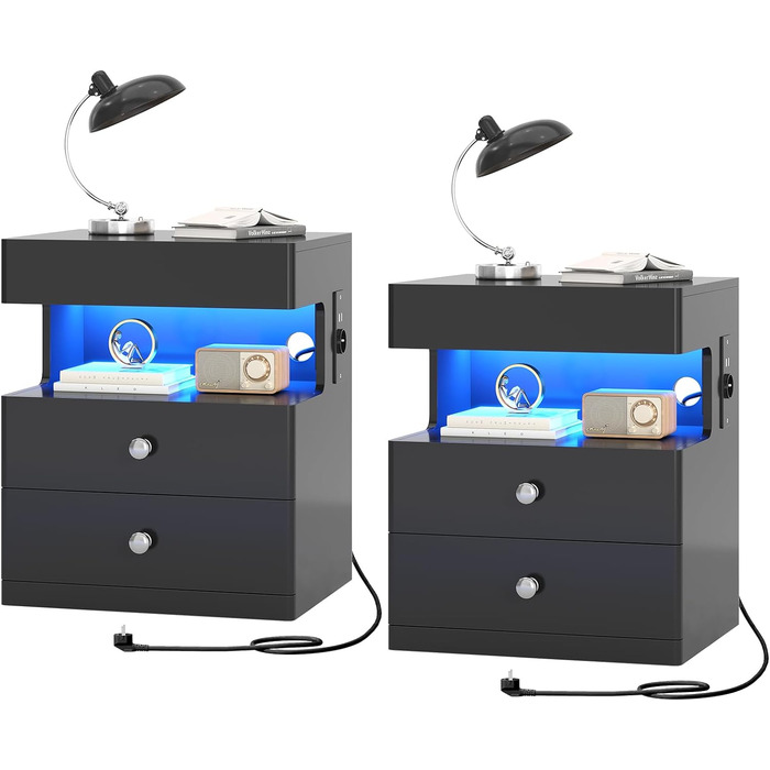 Нічний столик AOGLLATI з прихованим відділенням, розеткою та LED-підсвічуванням, 2 шухляди, висувний ящик, полиця, глянцева поверхня (40x35x59 см, чорний, 2)