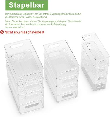 Організатор для холодильника FINEW, 12 шт. (4 маленькі, 4 середні, 4 великі), прозорі контейнери для зберігання, BPA free