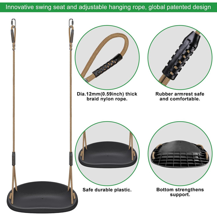 Дитяча гойдалка BeneLabel для дому та вулиці, міцна гума, регульоване положення 130-200 см, мотузка для підлітків/дорослих, зелений колір, 113 кг, комплект 2 шт.