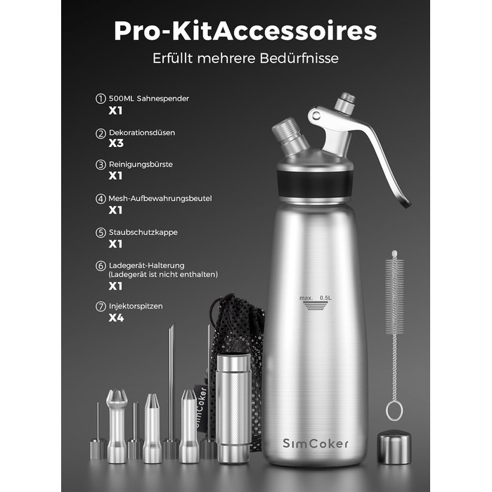 Пристрій для збивання вершків, 500 мл, з набором насадок та щіткою (нержавіюча сталь)