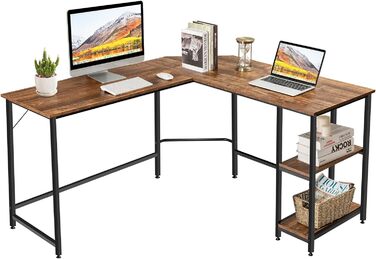 Подібний стіл COSTWAY, письмовий стіл для домашнього офісу з 2 полицями, комп'ютерний стіл з металевим каркасом і підставкою для ніг, кутовий стіл для кабінету в спальні (коричневий)