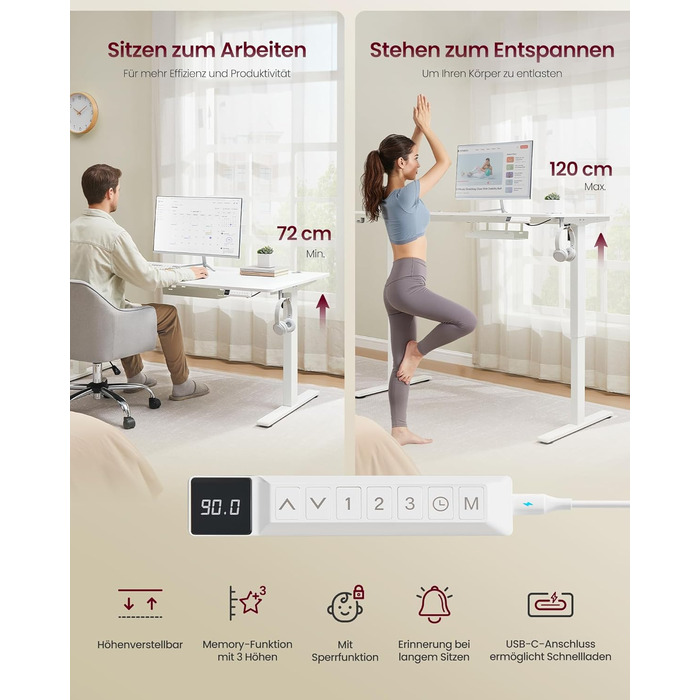 Стол для роботи VASAGLE з регулюванням висоти 160x80 см, USB-C, підставка для розеток, стоячий стіл, нагадування про перерви, 3 пам'яті, для офісу, матовий білий