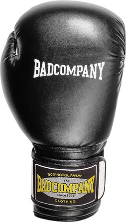Рукавички для боксу Bad Company зі штучної шкіри з системою вентиляції і широким боксерським ремінцем на липучці в різних колірних поєднаннях для тренувань з боксу, спарингу і кікбоксингу I ваговій категорії 10 унцій - 16 унцій (14 унцій), чорно-білі)