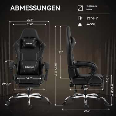 Ігровий крісло Dowinx з підніжкою та масажем попереку. Ергономічне ігрове крісло для офісу, дому, стрімінгу та тривалих ігрових сесій. Білий (Чорний)