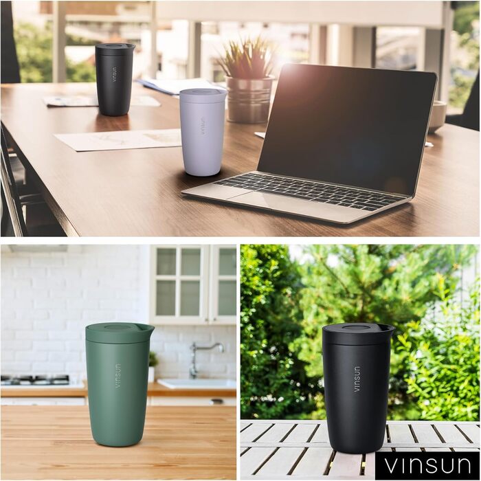 Термокружка VINSUN 350 мл, не протікає, з нержавіючої сталі, для гарячих та холодних напоїв, з Quick Press кришкою, для авто, університету (Чорний)